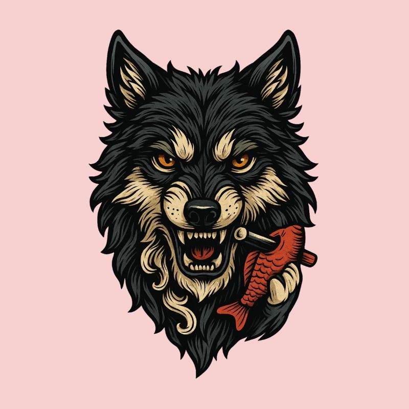 Wild wolf face with bone