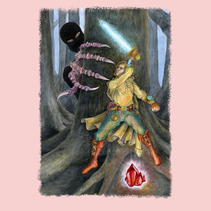 Fantasy Hero Battling Shadow Creature