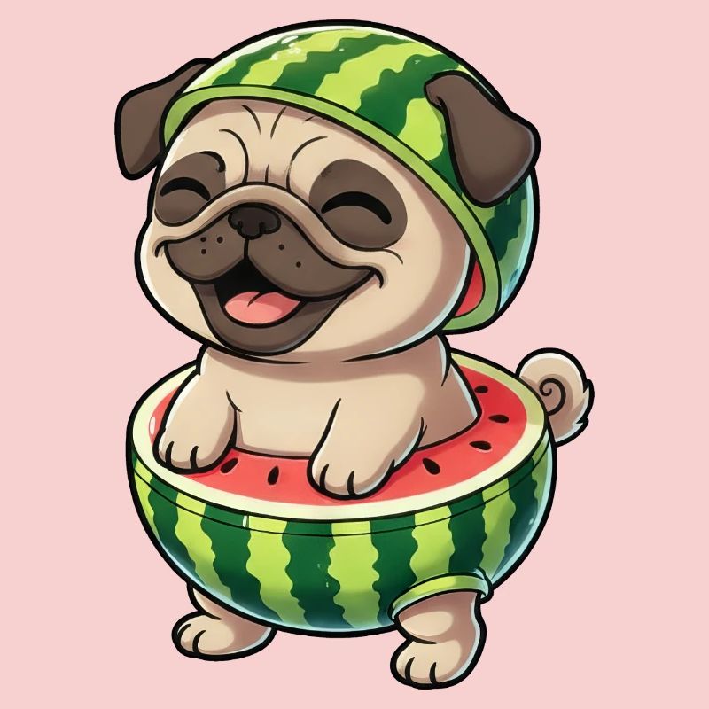 Cute Pug with Melon Cartoon Summer Joy