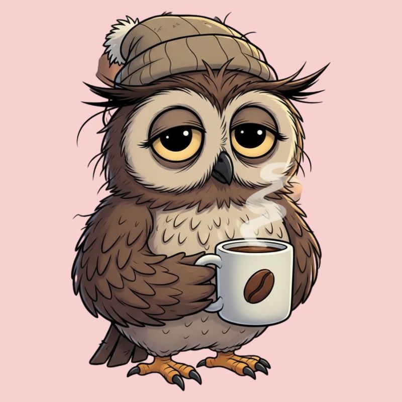 Verschlafene Eule Mit Kaffeetasse Cartoon