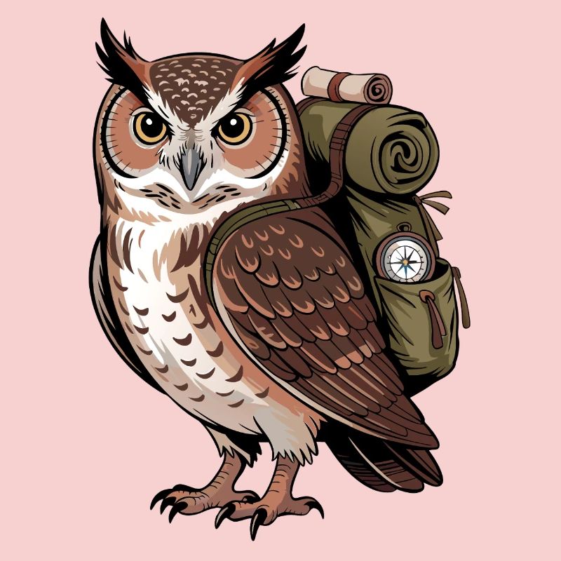 Wandernde Eule mit Rucksack