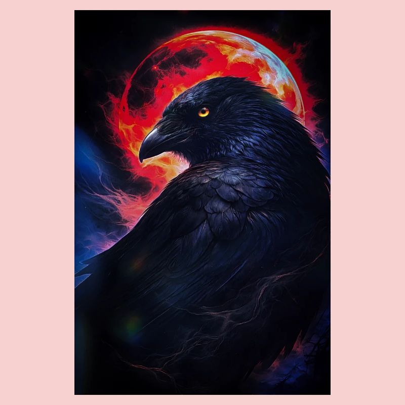Corbeau devant la lune de feu