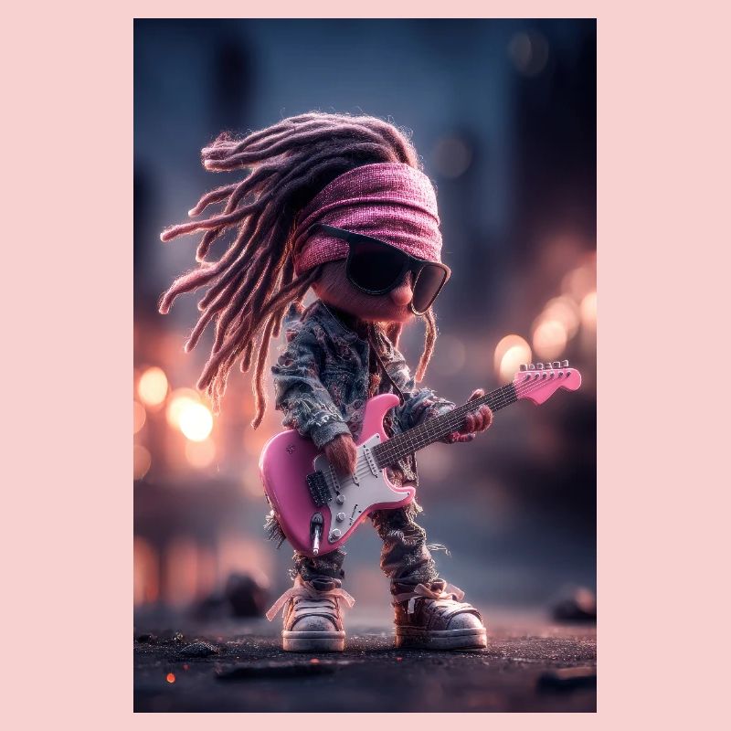 Dreadlock Doll Rocker on Pink Guitar