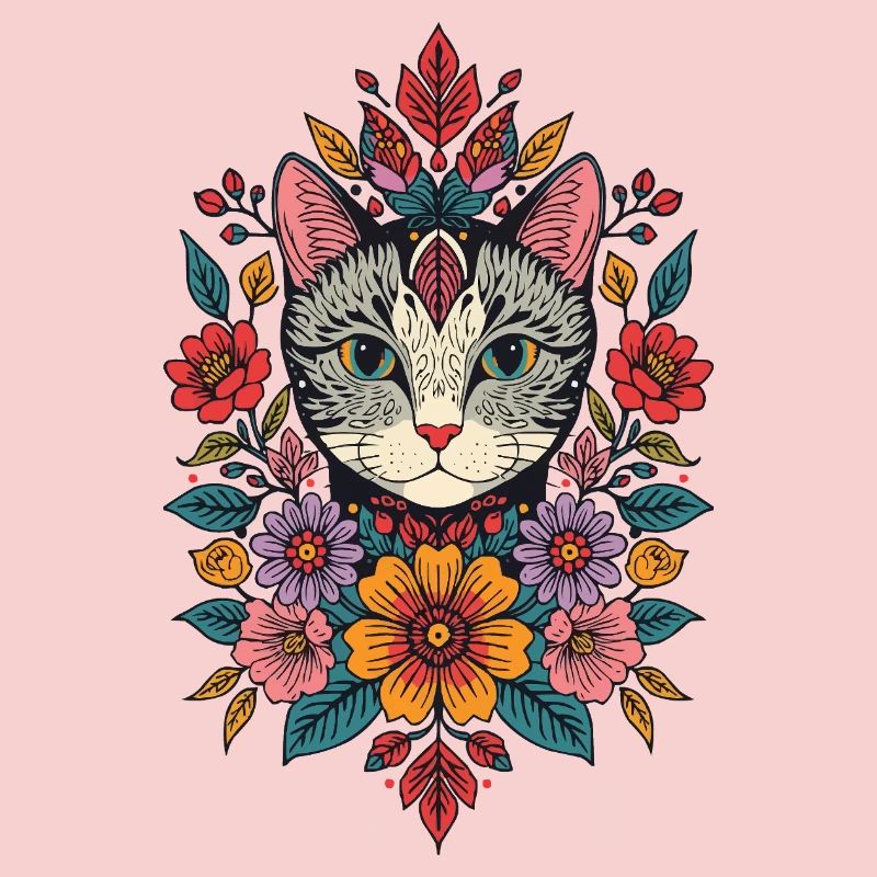 Tête de chat dans une couronne de fleurs