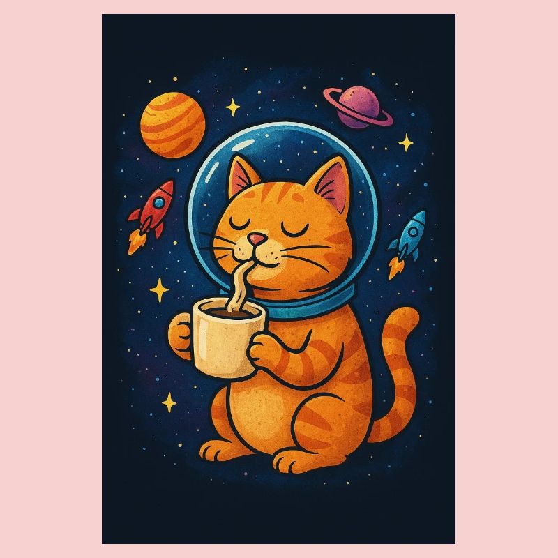 Chat en combinaison spatiale buvant du café