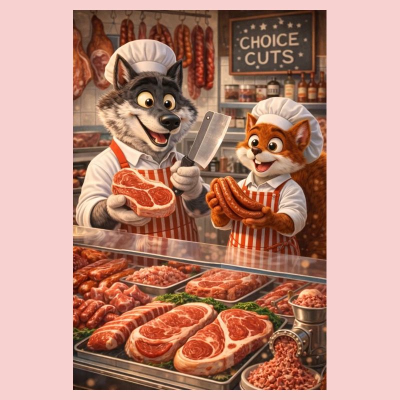 Herr Wolf und Herr Eichhörnchen in einer Metzgerei