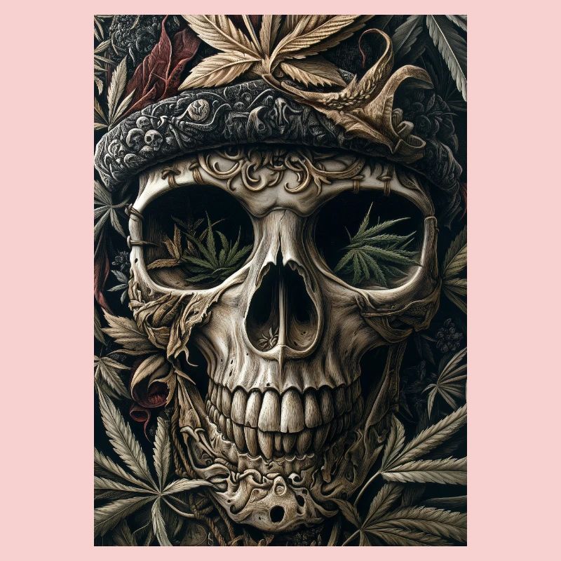 Skull with hemp leaf wreath
