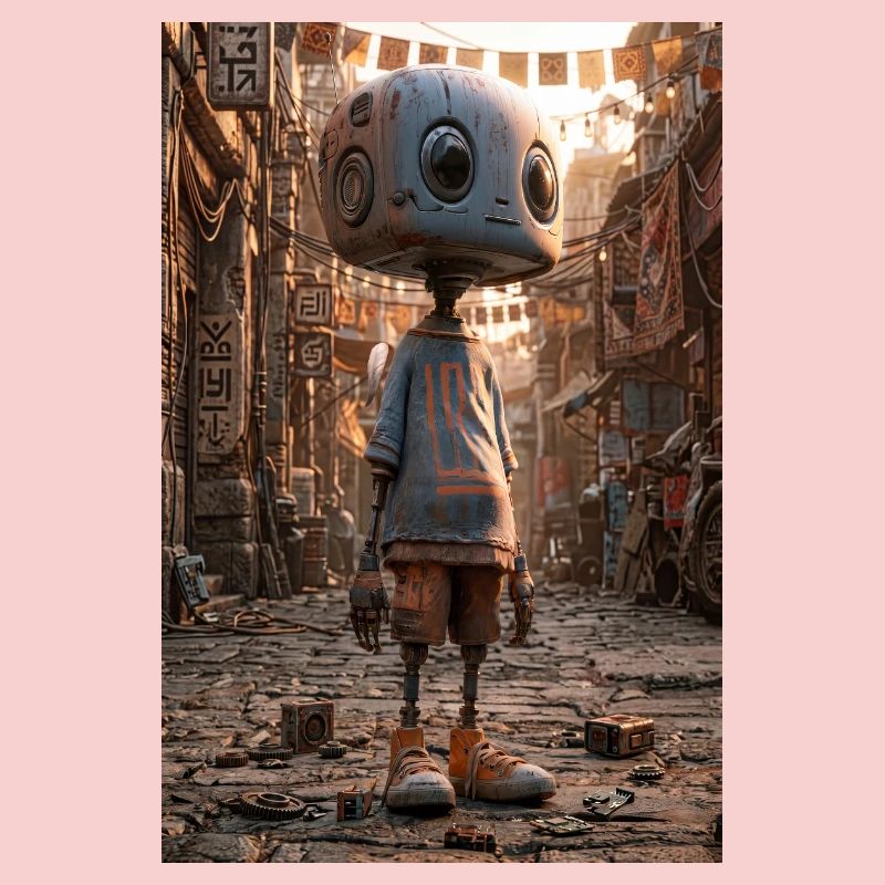 Rusty Robot in Neon Bazaar
