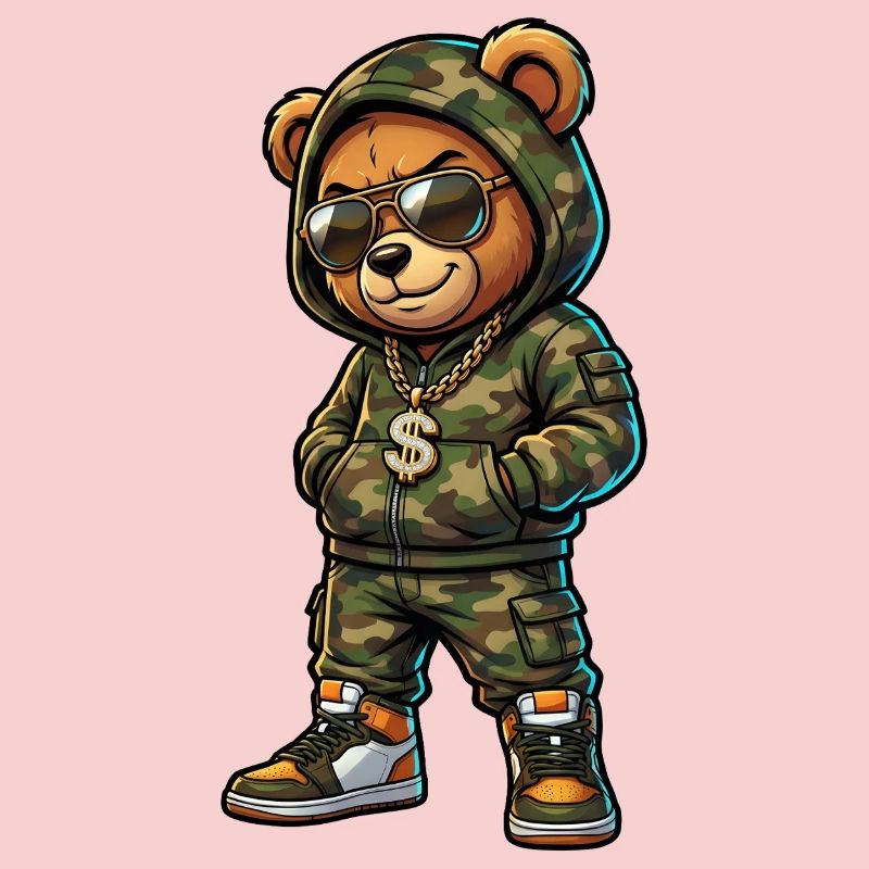 Ours camouflage avec sweat à capuche et pendentif en forme d’un dollar