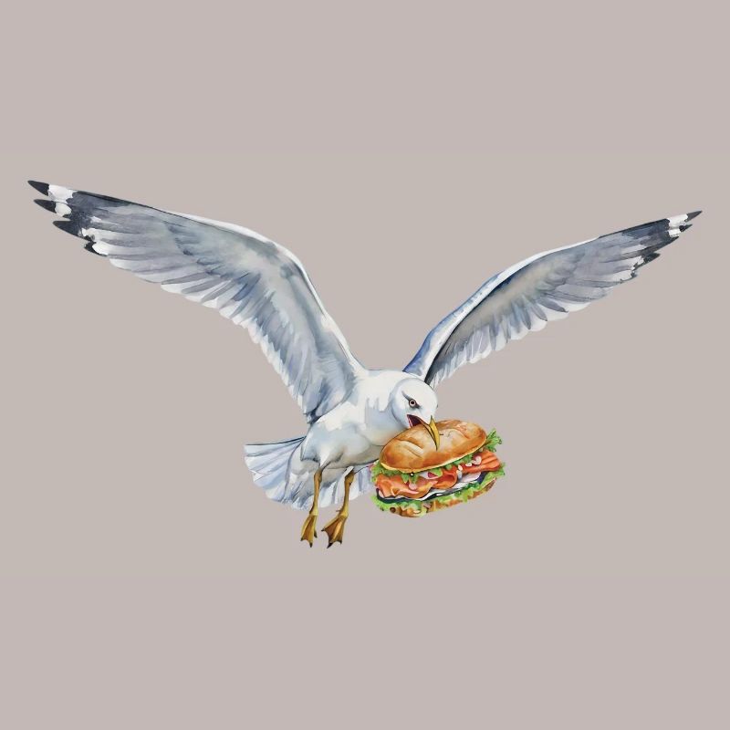 Funny Seagull Steals Fish Rolls Beach