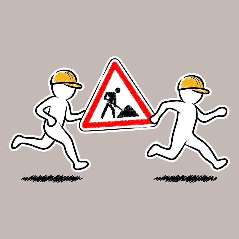 Two construction workers carry a construction site sign