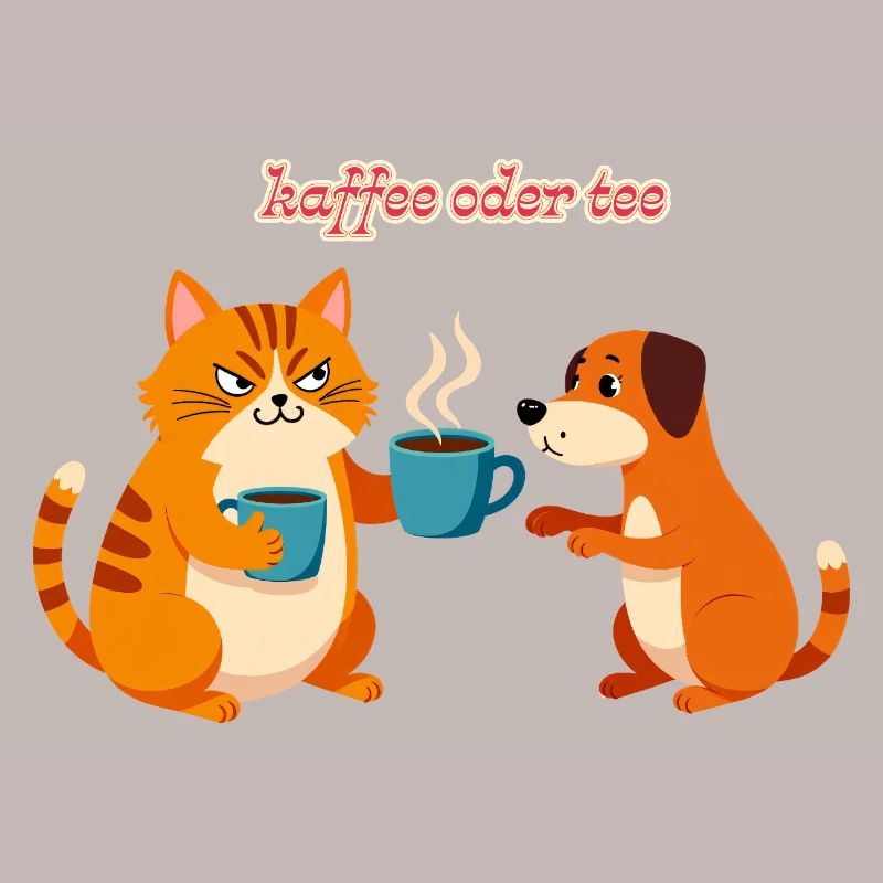 Kaffee oder Tee? Lustige Katze und Hund Bürohumor