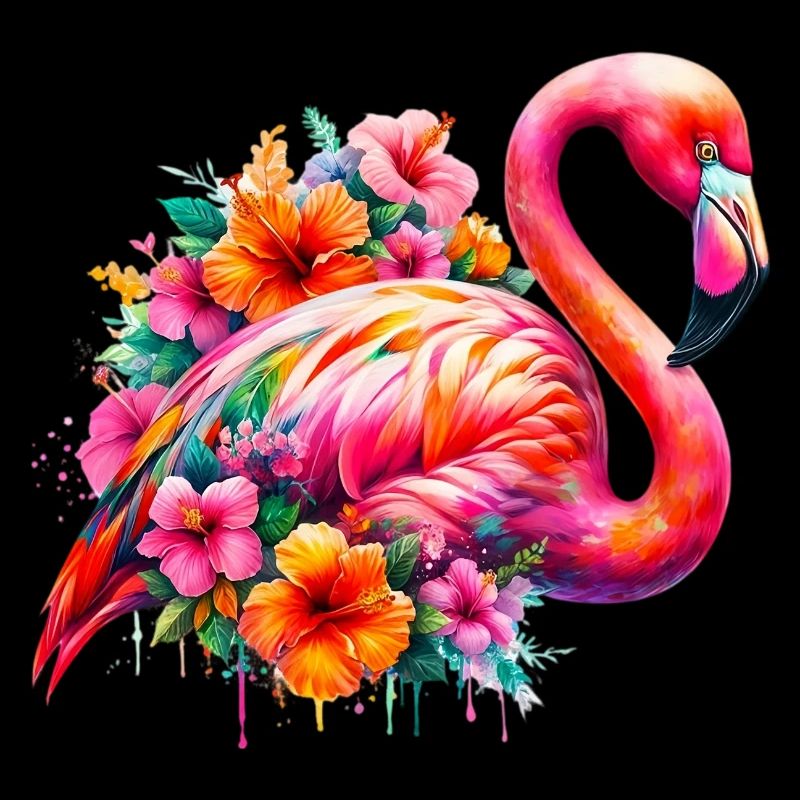 Flamant rose décoré de fleurs d’hibiscus