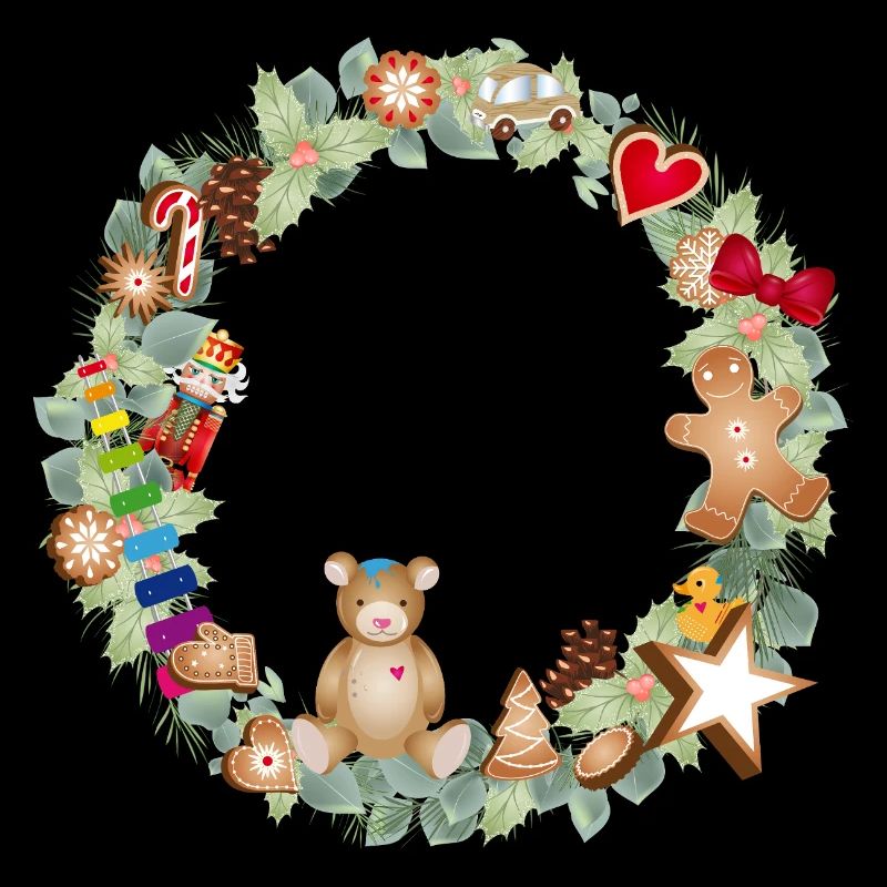 Bunter Weihnachtskranz mit Spielzeug und Lebkuchen