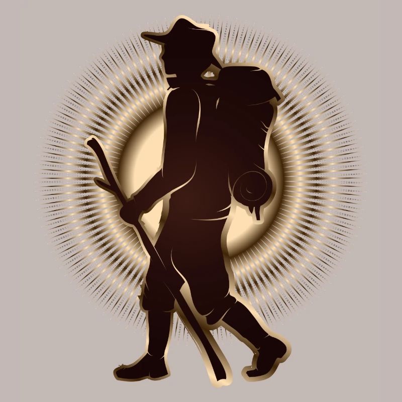 Pilgrim or hiker with walking stick & backpack