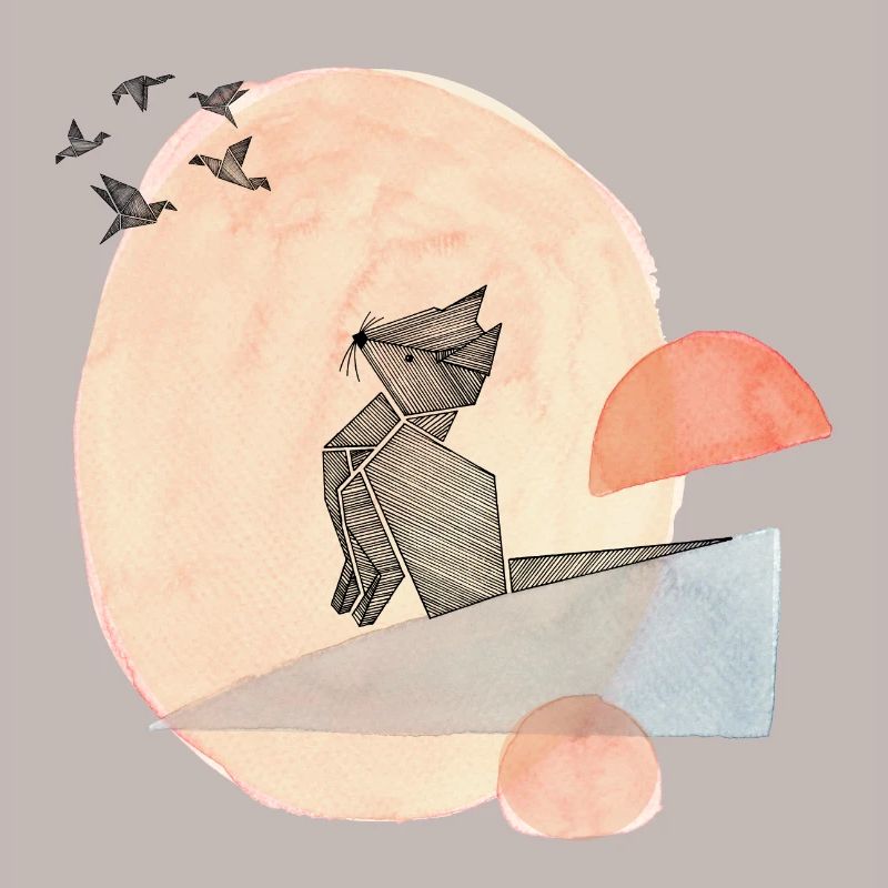Illustration de l’origami du chat et des oiseaux