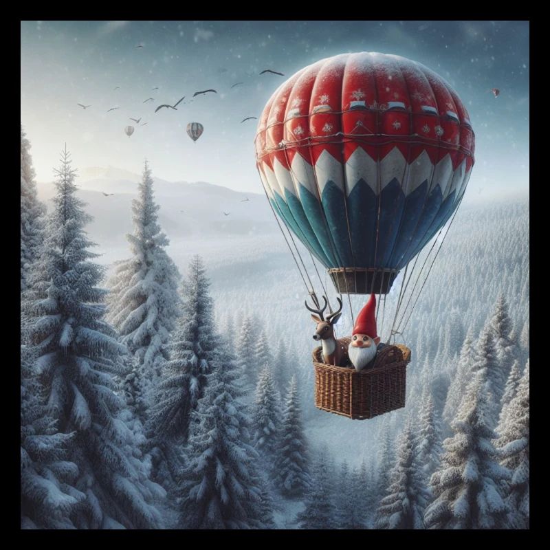 Gnome et renne dans une montgolfière