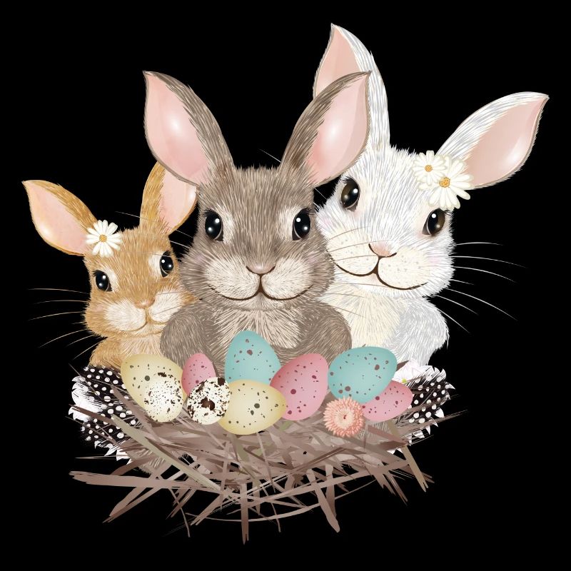 cute easter bunnies family with pastel easter eggs