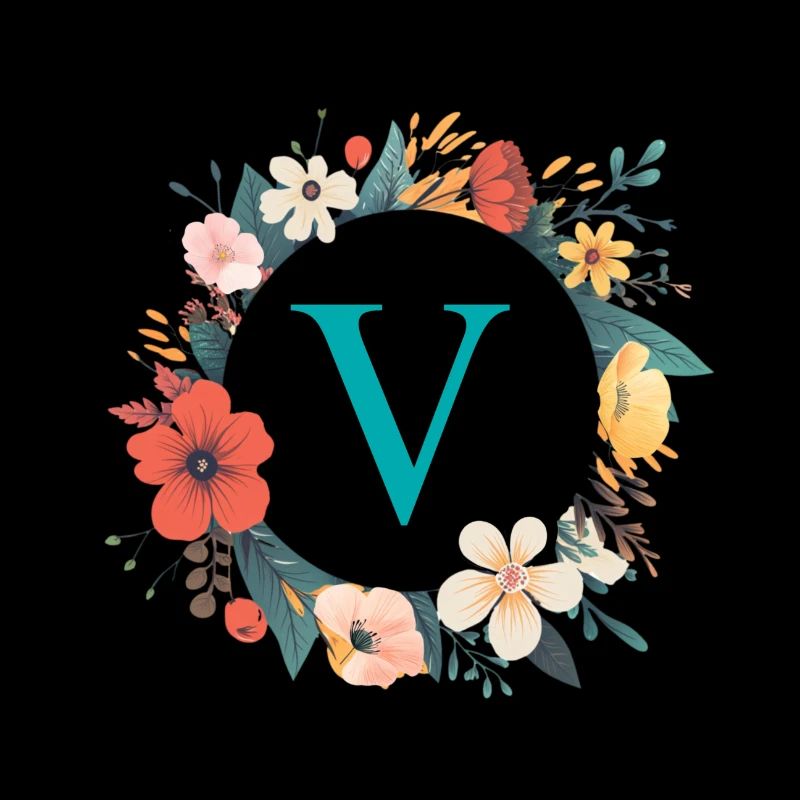 V Monogram, Flower Wreath, Personalizable