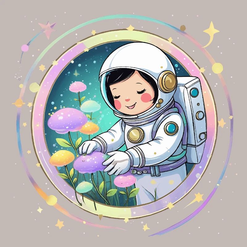 Fille astronaute avec des champignons - Conception spatiale mignonne