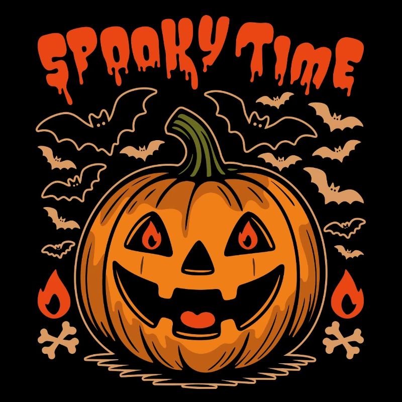 Spooky Time - Creapy Cute Orange Pumpkin and Bats
