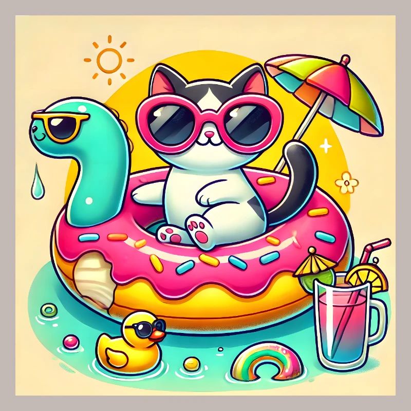 Chat Mignon sur Bouée Piscine Colorée