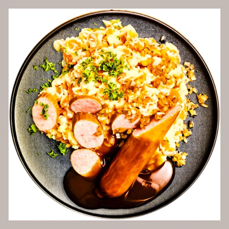 Dish with sausage and mashed potatoes