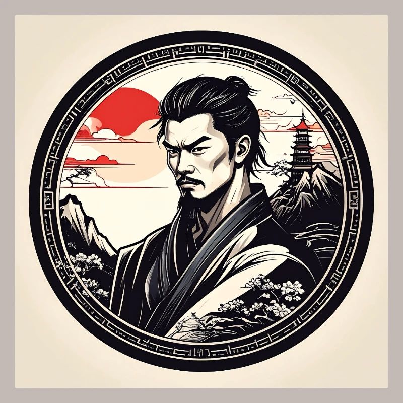 Samurai in circle frame sunset