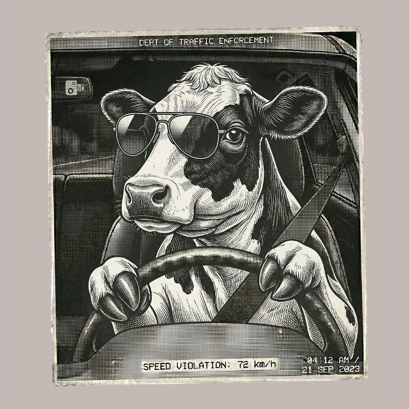 Dairy cow flashed driving a car