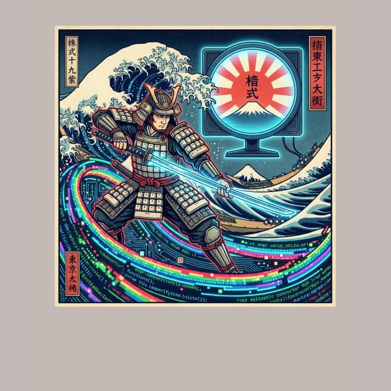 Cyber Samurai 模式 devant les vagues et Fuji