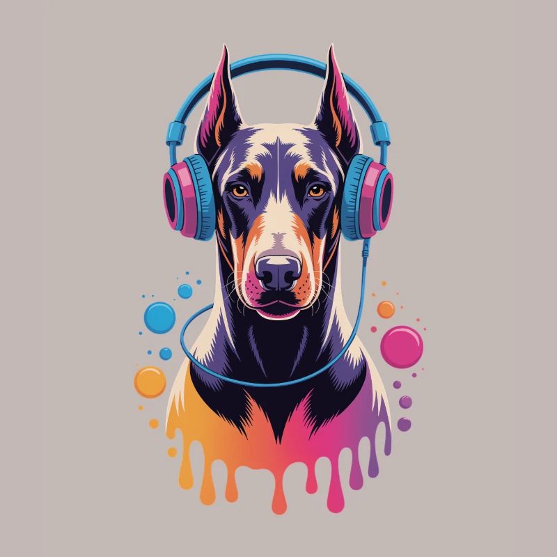 Dobermann mit Kopfhörern