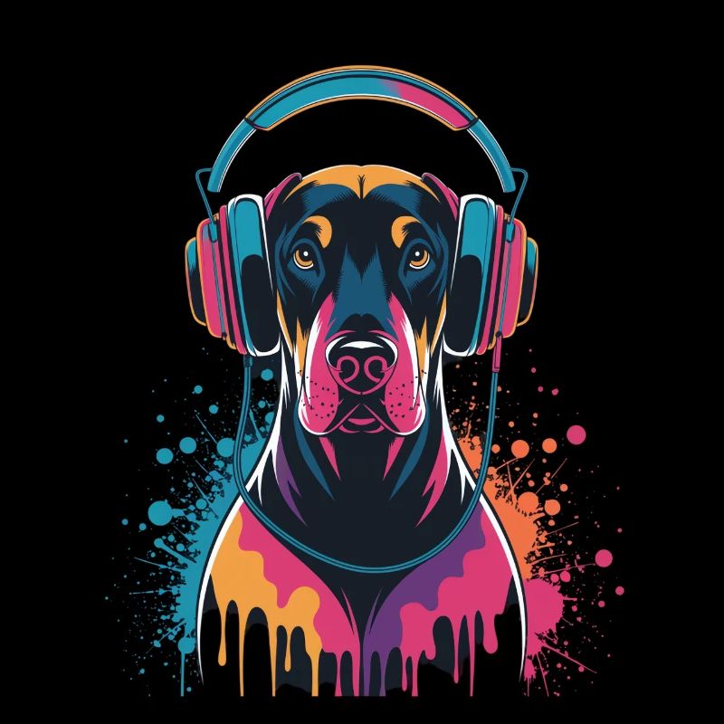 Dobermann mit Kopfhörern