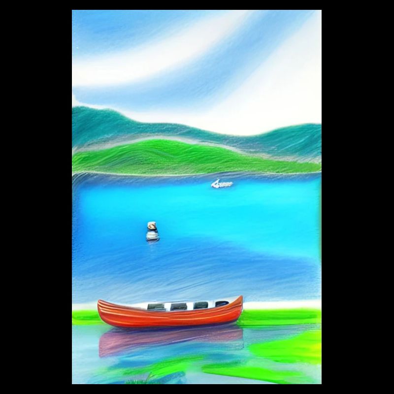 Landschaft mit See, Boot und Berge