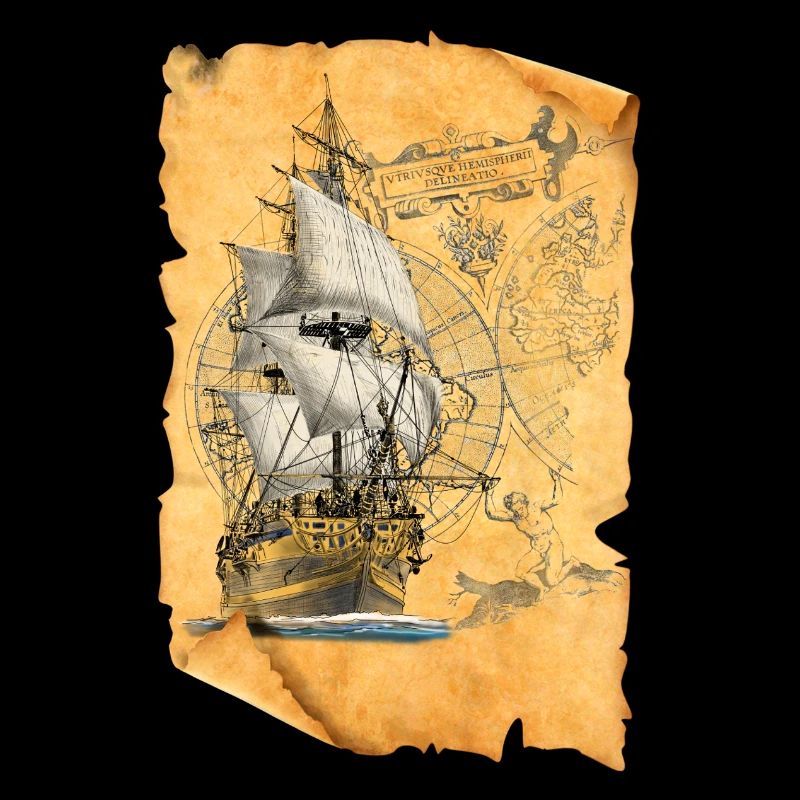 Antique sailing ship on parchment map