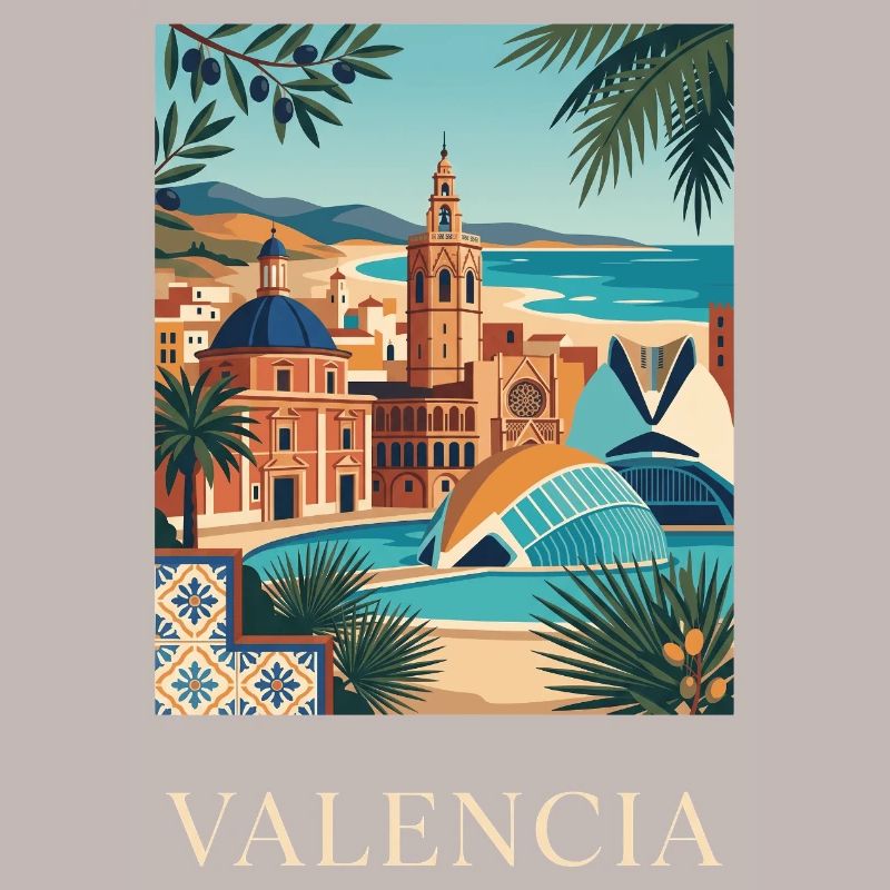 Affiche de voyage sur l’architecture côtière de Valence en Espagne