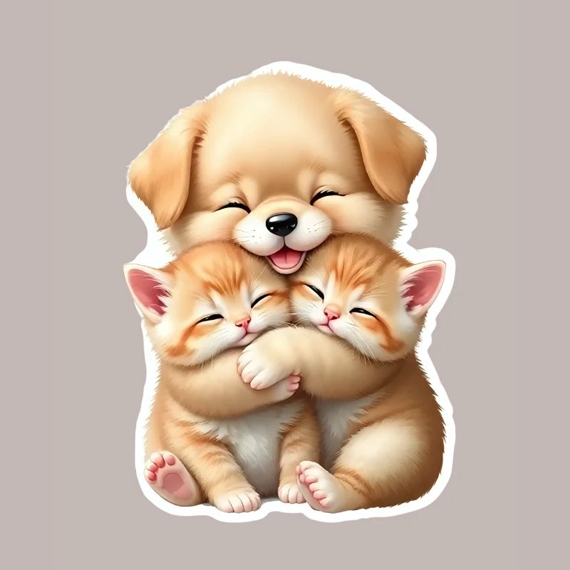 Petit chien serrant deux chatons dans ses bras