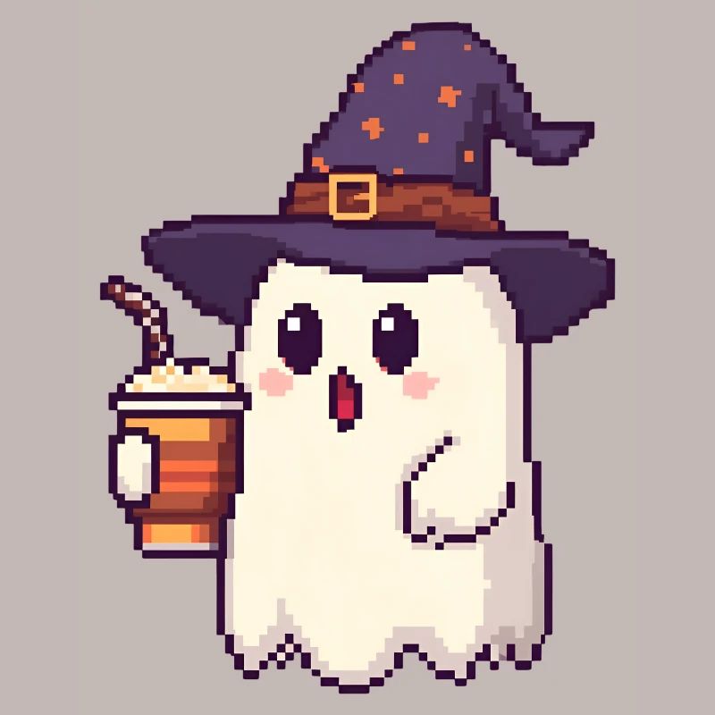 Pixel Ghost with Magic Hat & Pumpkin Spice Latte