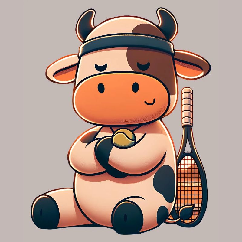 Mignonne vache de tennis avec raquette et balle