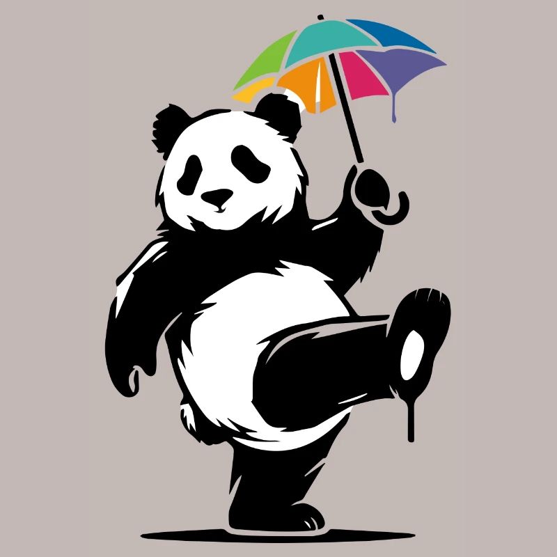 Tanzender Panda mit Regenbogenschirm