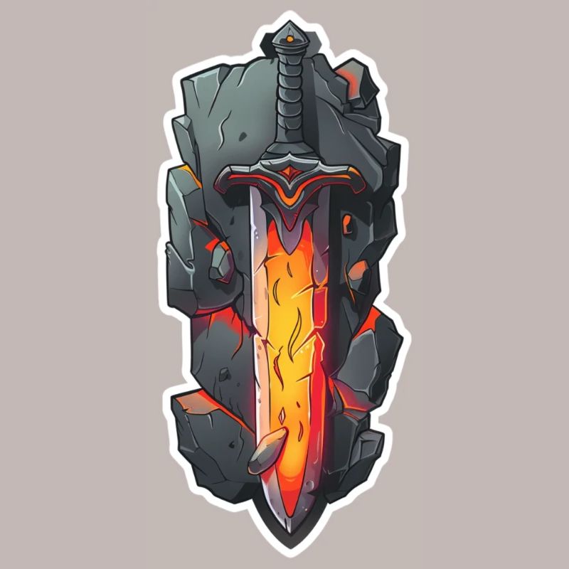 Épée de feu de dessin animé devant un rocher RPG GAme