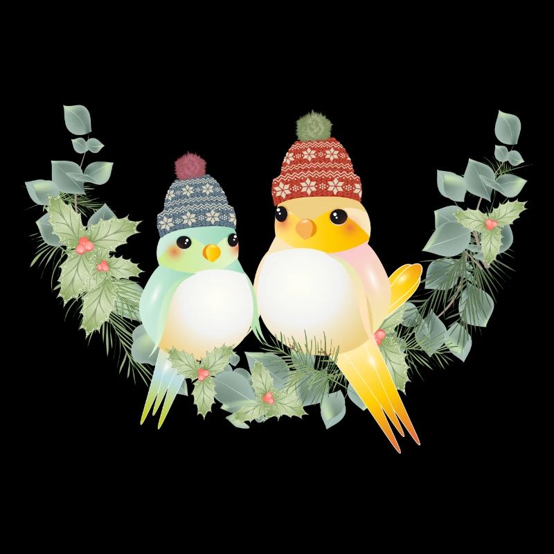 Two colorful birds with bobble hat for Christmas