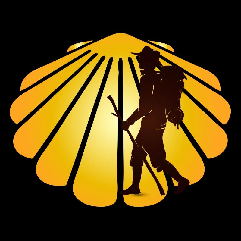 A pilgrim on a pilgrimage path with scallops