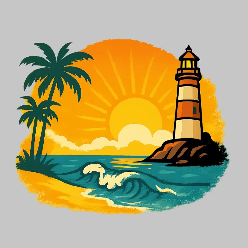 Sunset with lighthouse on tropical beach