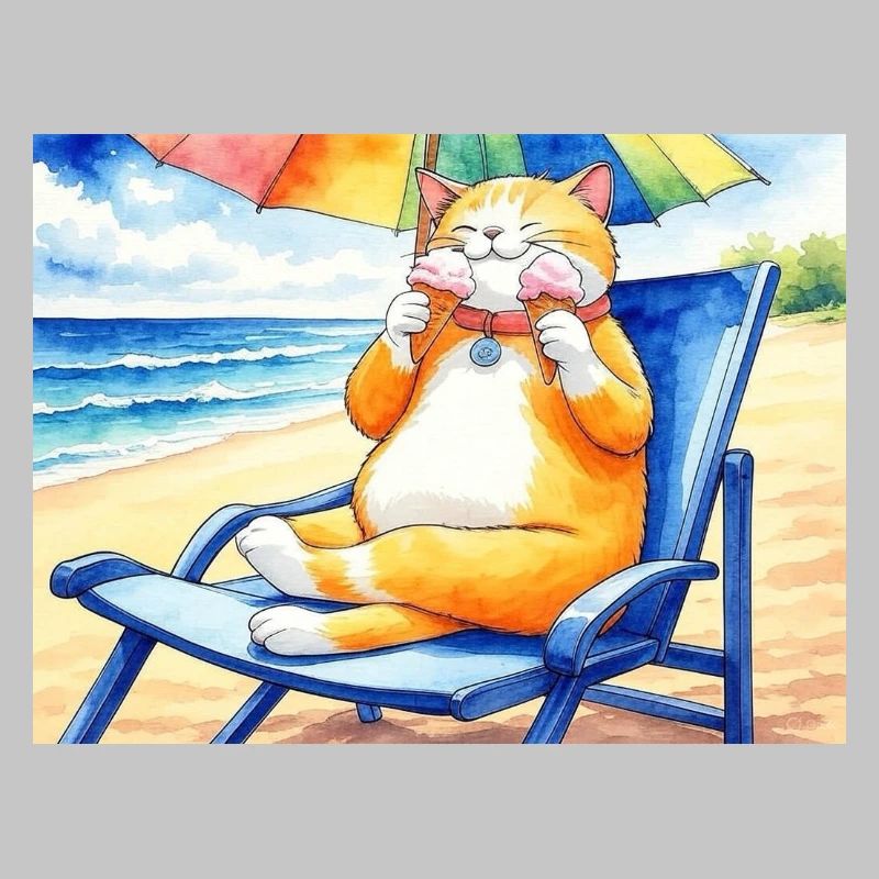 Katze am Strand mit Eiscreme