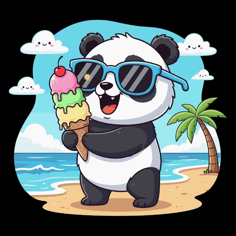 Panda sur la plage avec de la glace