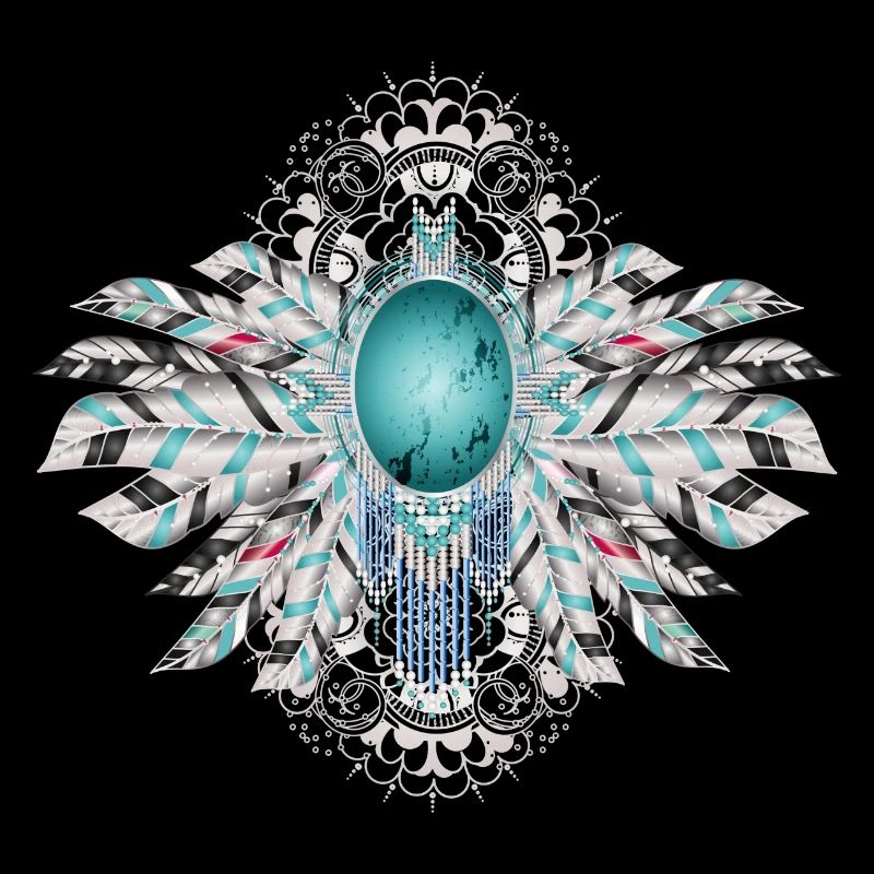 Artful bird feathers with turquoise in ethno style