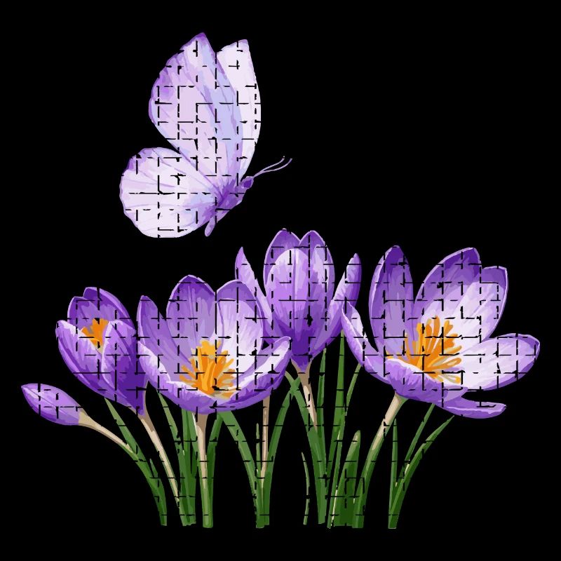 Crocus violets et papillon : conception en treillis