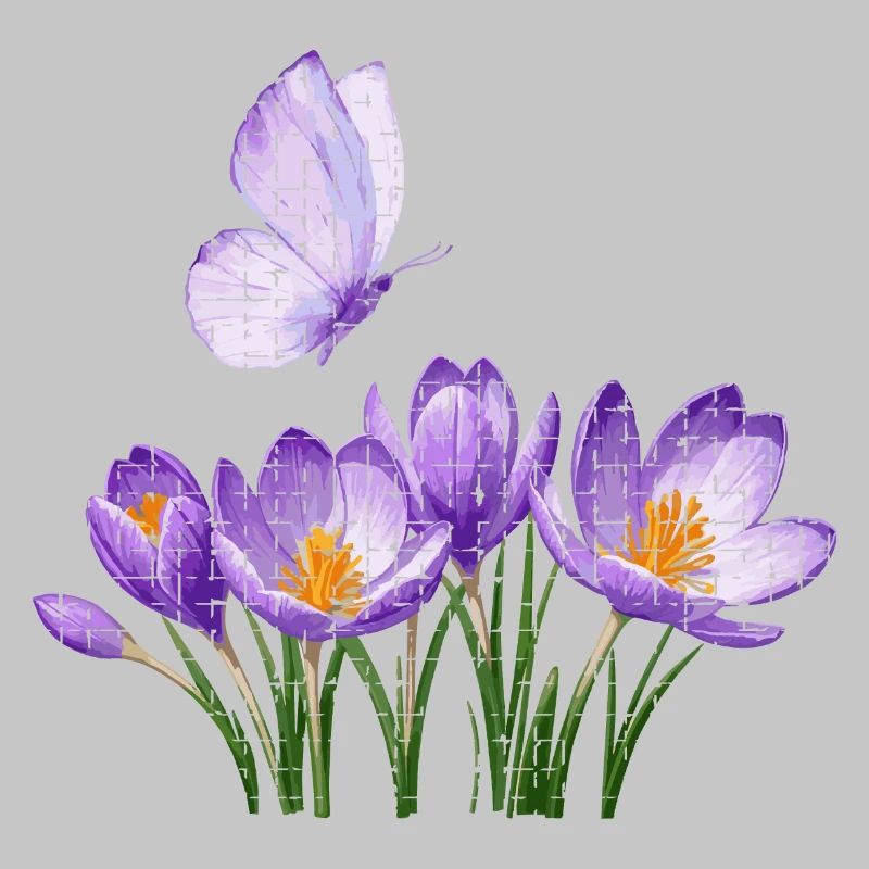 Crocus violets et papillon : conception en treillis