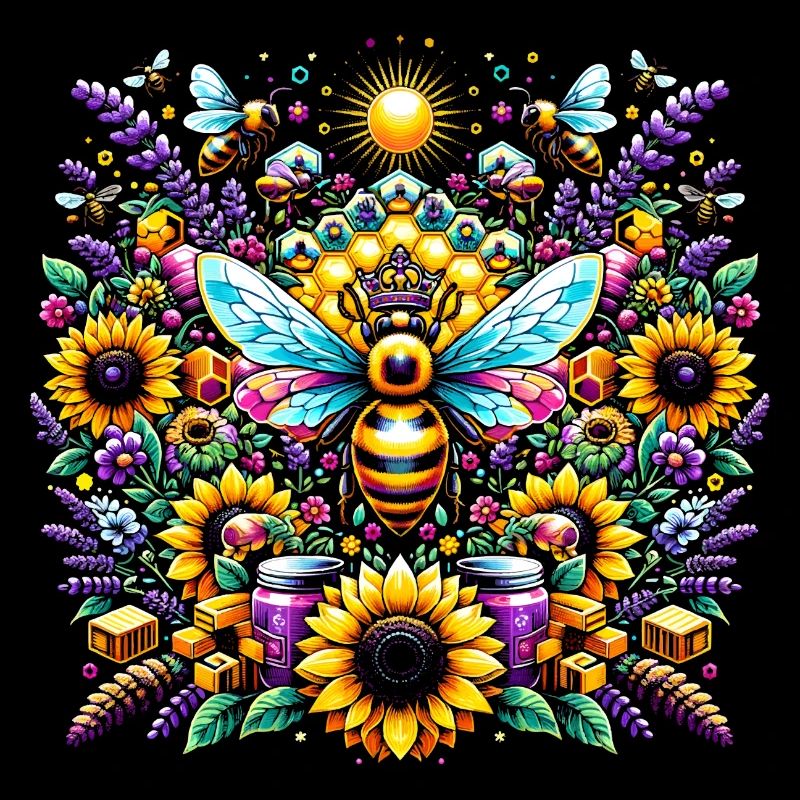 Lebhaftes, farbenfrohes Kunstwerk mit Bienen