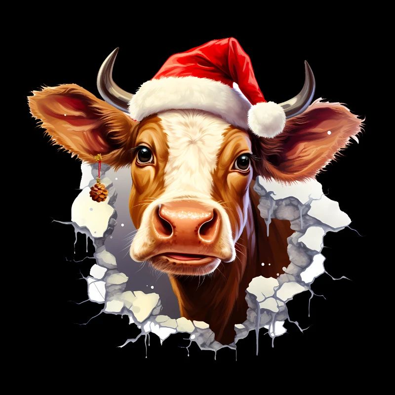 Vache avec chapeau de Père Noël dans le trou dans le mur